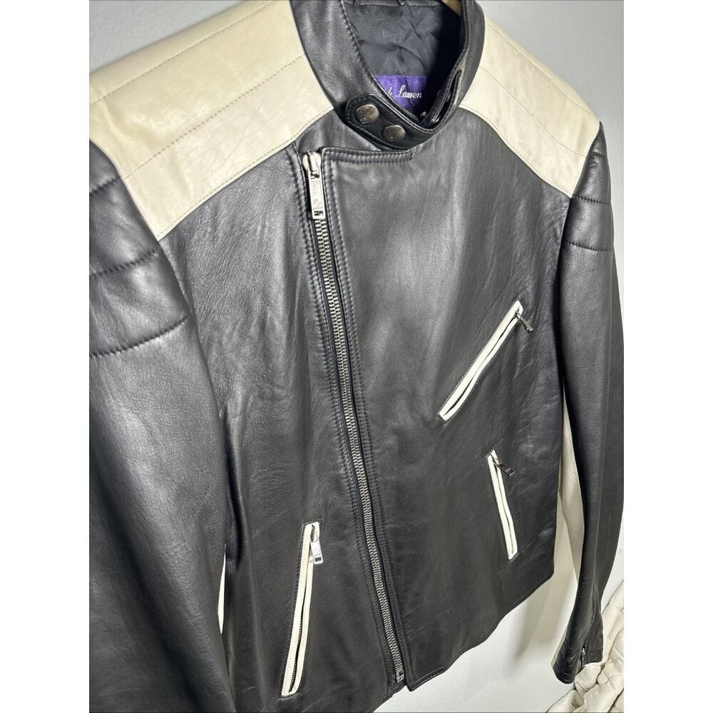 Ralph Lauren Purple Label Mens Leather Jacket Biker White‎ Black Zip Lambskin - Picture 6 of 16
